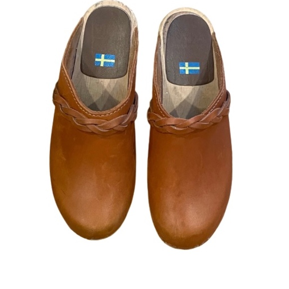 MIA Tan brown Swedish clogs  braided mid high heel 37 7 - Picture 3 of 6